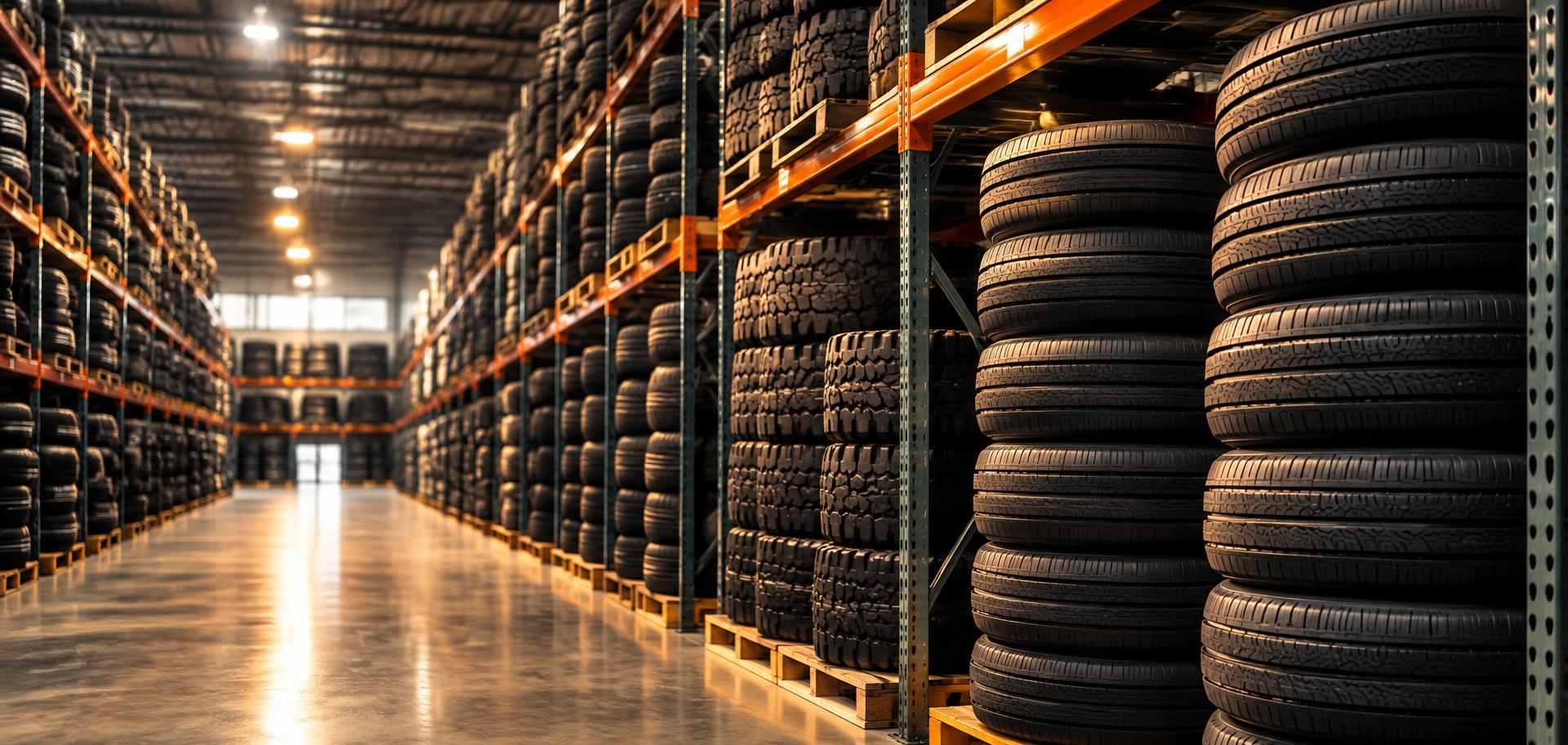 Warehouse racks stacked with wholesale tires ready to ship